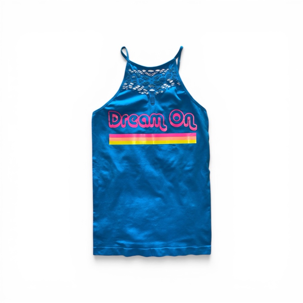 NWOT No Boundaries Y2K Blue Pink Halter Cutout Cami “Dream On” Graphic, Size M